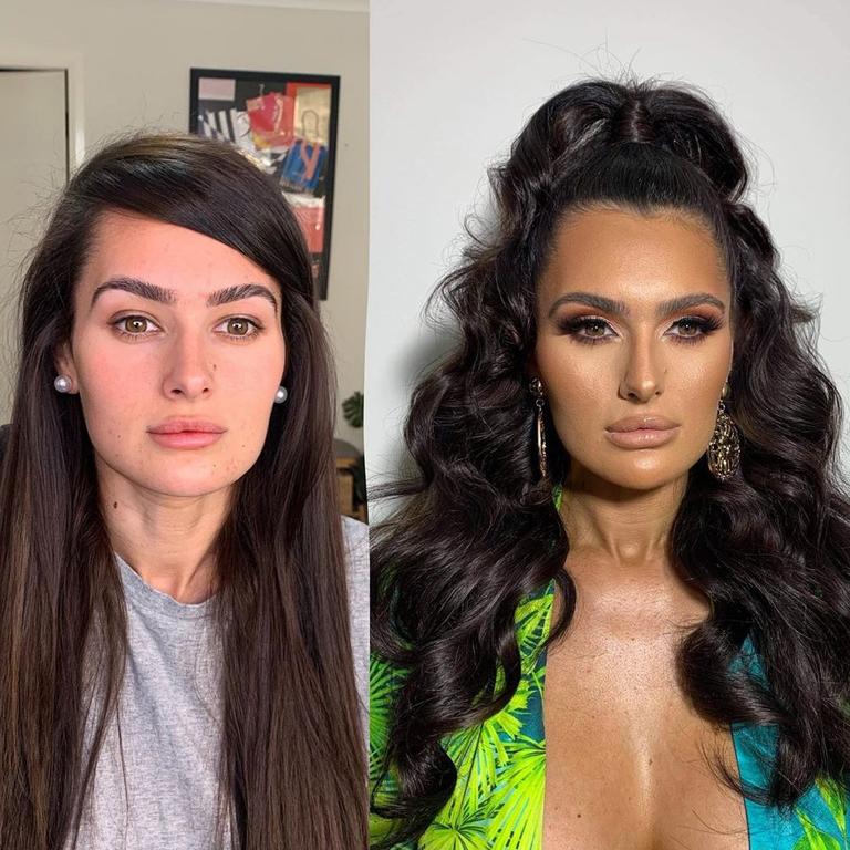 Arabella Del Busso’s make-up artist shared a before-and-after snap of her transformation. Picture: Instagram/thomgreymakeup