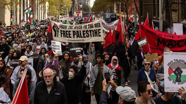 Pro-Palestine supporters in Melbourne march during a rally against the ongoing war in Gaza. Picture: NCA NewsWire/Diego Fedele