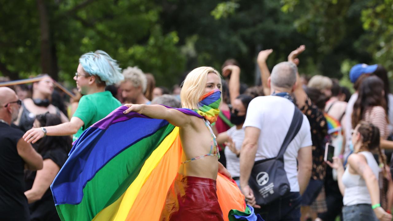 Mardi Gras protesters dance in Hyde Park in Darlinghurst after marching from Taylor Square to Hyde Park. 6th March 2021. Picture by Damian Shaw