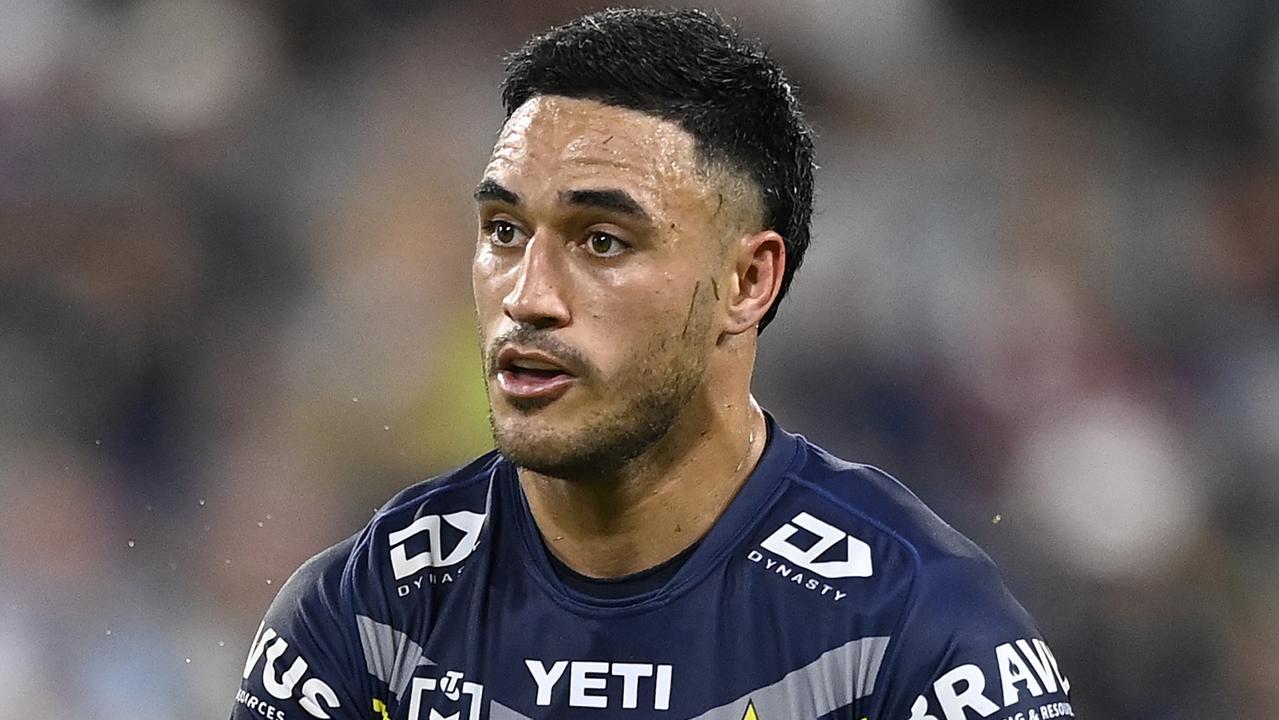 TOWNSVILLE, AUSTRALIA - JULY 27: Valentine Holmes of the Cowboys runs the ball during the round 21 NRL match between North Queensland Cowboys and Cronulla Sharks at Qld Country Bank Stadium, on July 27, 2024, in Townsville, Australia. (Photo by Ian Hitchcock/Getty Images)