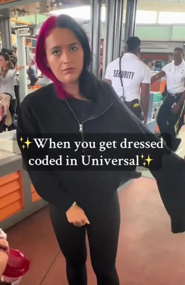 Alexa was flagged for wearing a T-shirt at the Universal Studios Theme Park in Orlando, Florida. Picture: TikTok/@mommashive