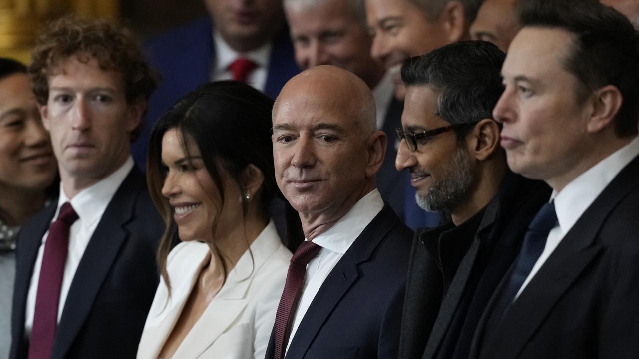 Tech billionaires Mark Zuckerberg, Jeff Bezos, Sundar Pichai and Elon Musk pay homage to US President Donald J. Trump in the U.S. Capitol Rotunda on January 20. Picture: Julia Demaree Nikhinson/Getty Images