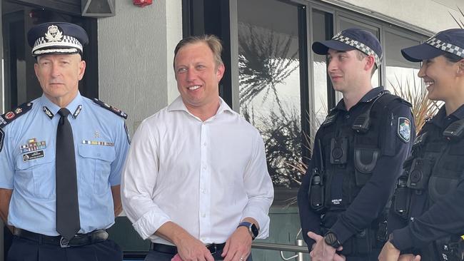 Steven Miles, Julieanne Gilbert and Acting Queensland Police Commissioner Steve Gollschewski meet with some of Mackay's newest recruits. Photo: Fergus Gregg