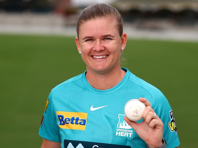 BRISBANE, AUSTRALIA - OCTOBER 10: Jess Jonassen of the Heat poses during the Women's Big Bash League Cricket Season Launch at Allan Border Field  on October 10, 2022 in Brisbane, Australia. (Photo by Chris Hyde/Getty Images for Cricket Australia)