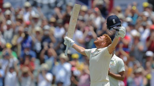 Jonny Bairstow looks up to the sky after reaching his century.