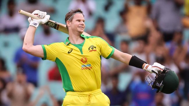 Steve Smith celebrates after reaching his second 100 in three days at the SCG on Sunday. Picture: David Gray / AFP