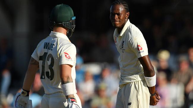 Matthew Wade faces off with Jofra Archer. Picture: AFP