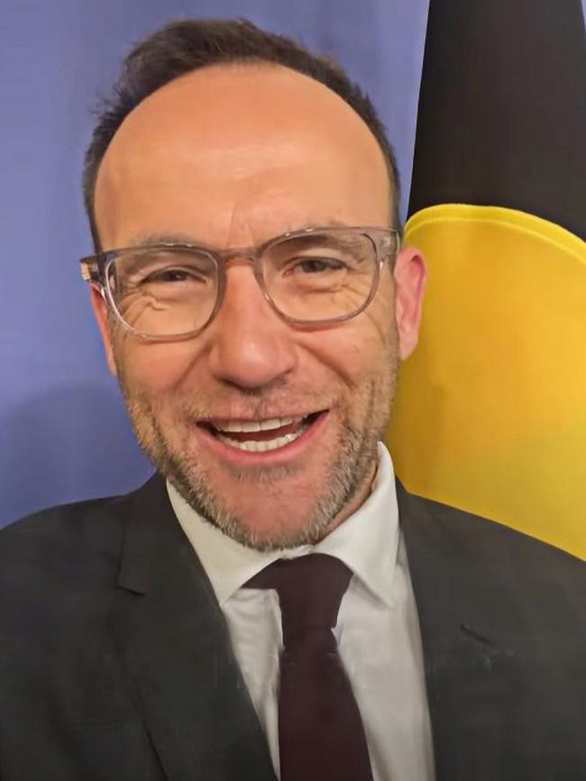 Adam Bandt in front of the Aboriginal flag