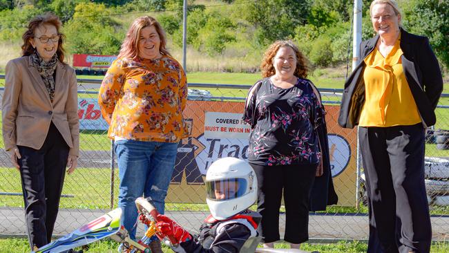 READY TO RACE: New kart racer Riley Grande with L - R Lismore MP Janelle Saffin, Secretary of Lismore Kart Club Kim Dhu, President Lismore Kart Club Diana Smith and Shadow Minister for Sport and Recreation the Hon Lynda Voltz MP.