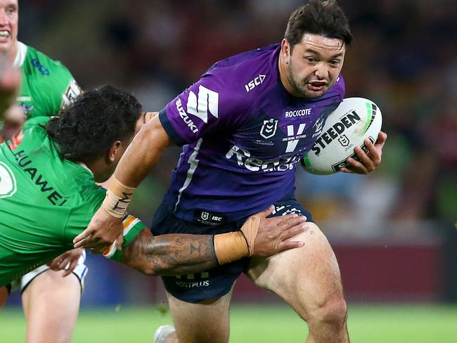 BRISBANE, AUSTRALIA - OCTOBER 16: Brandon Smith of the Storm makes a run during the NRL Preliminary Final match between the Melbourne Storm and the Canberra Raiders at Suncorp Stadium on October 16, 2020 in Brisbane, Australia. (Photo by Jono Searle/Getty Images)