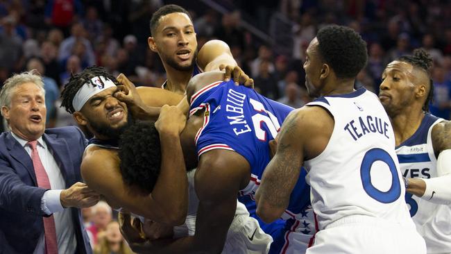 Joel Embiid initially clashed with Karl Anthony-Towns. Picture: Getty Images