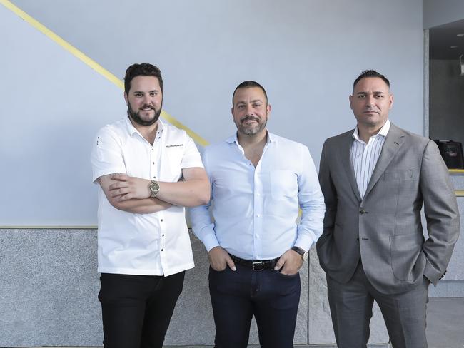 Kelvin Andrews, Simon Gloftis and Theo Kampolis at their new restaurant SK Steak & Oyster in The Calile Hotel precinct. Picture: Mark Cranitch