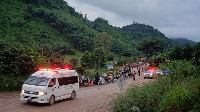 An ambulance carrying one of the boys rescued from Tham Luang Nang Non cave heading towards the hospital on July 8, 2018 in Chiang Rai, Thailand. (Photo by Linh Pham/Getty Images)