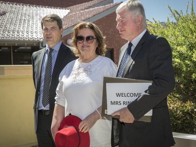 Hancock Prospecting CEO Garry Korte, Gina Rinehart and S.Kidman managing director Greg Campbell at the company’s North Adelaide headquarters. Picture: Mike Burton