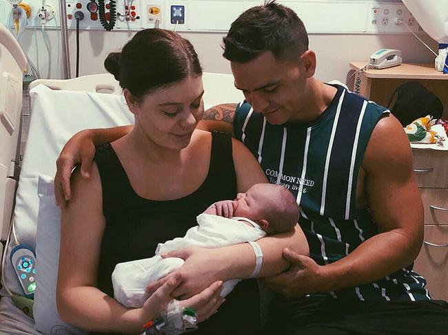 Brisbane Broncos halfback Kodi Nikorima and girlfriend Bree Tobler welcomed baby Zavier on January 19. Photo: Instagram 