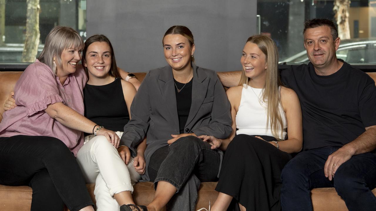 Mum Michelle, Rose, older sister Maggie, Pippa and Dad Brent Milthorpe are delighted by the $64.3 million investment into the NSW court system. Picture: NewsWire / Monique Harmer