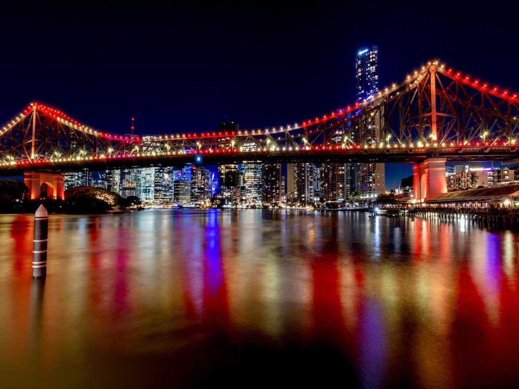 Brisbane's Story Bridge lit up in teams colours ready for the NRL game between Brisbane Broncos and Dolphins. Picture: Richard Walker