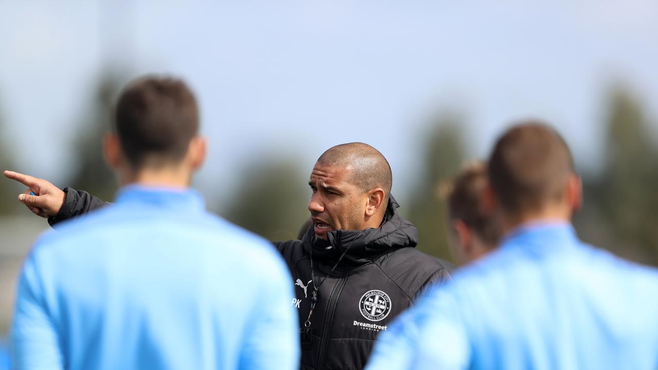 Melbourne City coach Patrick Kisnorbo gives his team instructions at a training session. Picture: Robert Cianflone/Getty Images)