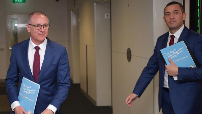 Premier Jay Weatherill and SA Energy Minister Tom Koutsantonis arrive to speak at a state energy plan announcement.