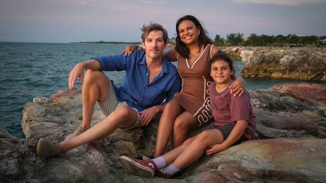 Miranda Tapsell (centre) with Gwilym Lee and Gladys-May Kelly on set filming Amazon Original series Top End Bub in Darwin in 2024. Picture: John Platt