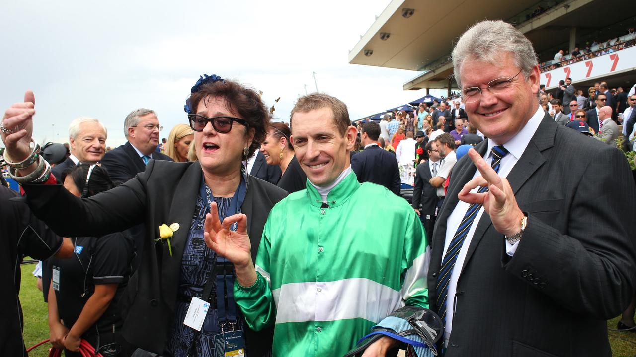 Julia Ritchie (l to r) jockey Hugh Bowman and Anthony Cummings at the races. Picture: Mark Evans