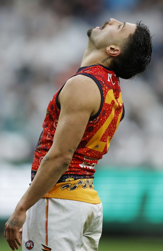 Izak Rankine reacts during the loss to Collingwood on Saturday. Picture: Michael Klein