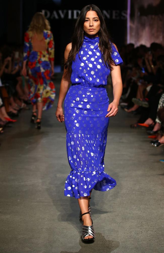 Jessica Gomes showcases designs by Rixo London during the David Jones AW19 Season Launch 'The Art of Living' at The Museum of Old and New Art (MONA). Picture: Getty