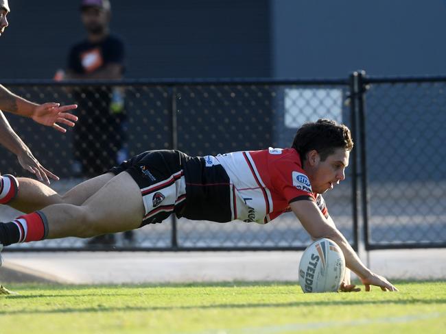 Litchfield captain David Jacobson dives for a try after a fumble from Nightcliff . Picture: (A)manda Parkinson