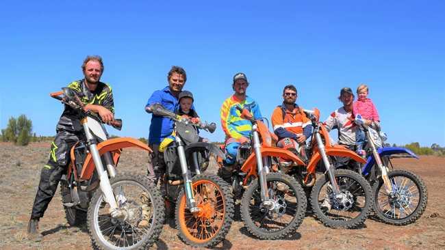 FULL THROTTLE: Hec Murphy, Drewan Blackburn, Nate Turner, Zeek Norford, Robbie Mac and Craig and Lily Emery at the Hanaford Enduro event on Sunday. Picture: Kate McCormack