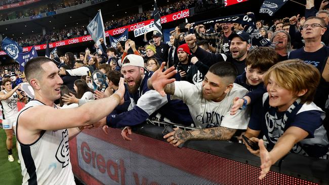 Jacob Weitering celebrates with Carlton fans on Friday night. Picture: Michael Willson/AFL Photos via Getty Images