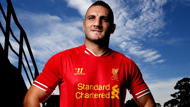 Robbie Farah in his Liverpool jersey after talking about his love for the team . A Liverpool legends team is headed out here in January 2016 .Picture Gregg Porteous