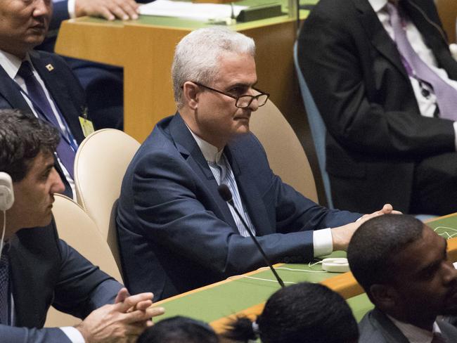 Members of the Iranian delegation listen as US President Donald Trump criticises its government at the UN headquarters in New York. Picture: AP Photo/Mary Altaffer