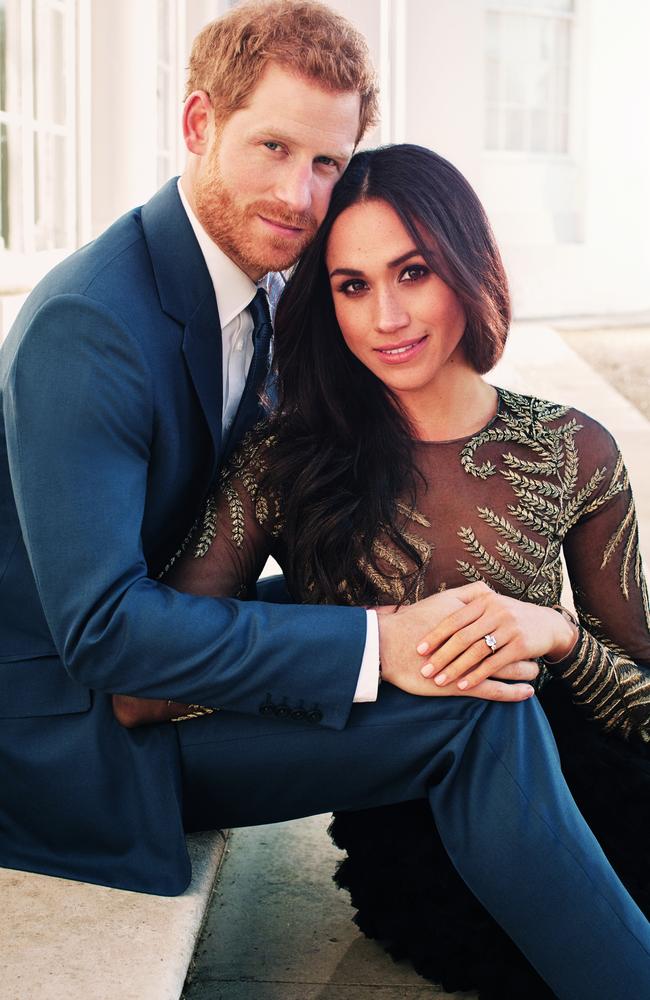 Prince Harry posing with then fiance Meghan Markle at Frogmore House in Windsor in one of three official engagement photos. Picture: AFP/Alexi Lubomirski