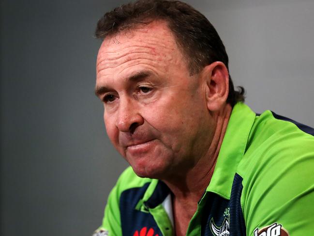 BRISBANE, AUSTRALIA - OCTOBER 16: Raiders Coach Ricky Stuart speaks to the media after the NRL Preliminary Final match between the Melbourne Storm and the Canberra Raiders at Suncorp Stadium on October 16, 2020 in Brisbane, Australia. (Photo by Jono Searle/Getty Images)