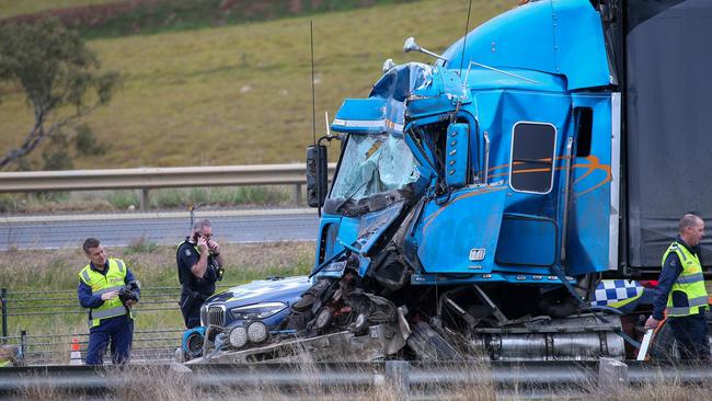 This B-double truck crashed into the back of a school bus carrying a group of students from Ballarat’s Loreto College. Picture: Brendan Beckett