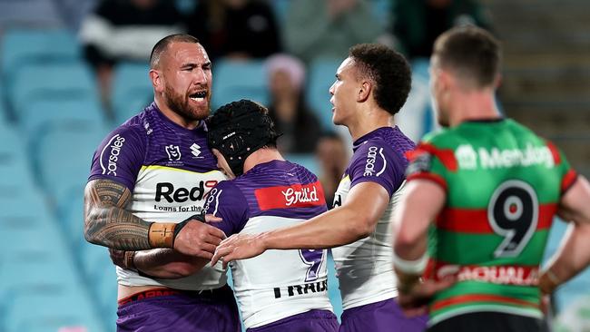 SYDNEY, AUSTRALIA – AUGUST 08: Nelson Asofa-Solomona of the Storm celebrates scoring a try during the round 23 NRL match between South Sydney Rabbitohs and Melbourne Storm at Accor Stadium, on August 08, 2024, in Sydney, Australia. (Photo by Brendon Thorne/Getty Images)