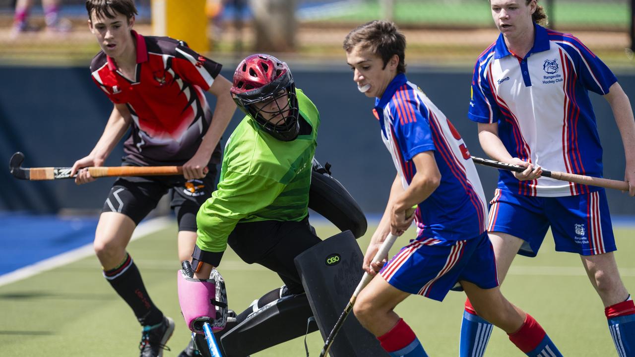 Past High keeper Dylan Belanyi defends against a Rangeville attack in J1 boys grand final hockey at Clyde Park, Saturday, September 10, 2022. Picture: Kevin Farmer