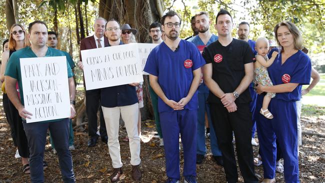 Doctors and Representatives of the Australian Salaried Medical Officers Federation (ASMOF) pictured on January 15 speaking about the urgent crisis facing the NSW health system. Picture: John Appleyard/NewsWire