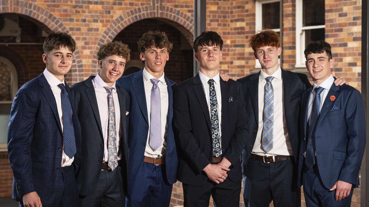 Graduates (from left) Charlie McMahon, Hugh Lyndon, Hudson Campbell, Declan Day, Nick Leonard and Charlie Aston as Downlands College year 12 students come together for their valedictory mass at the college, Saturday, November 16, 2024. Picture: Kevin Farmer