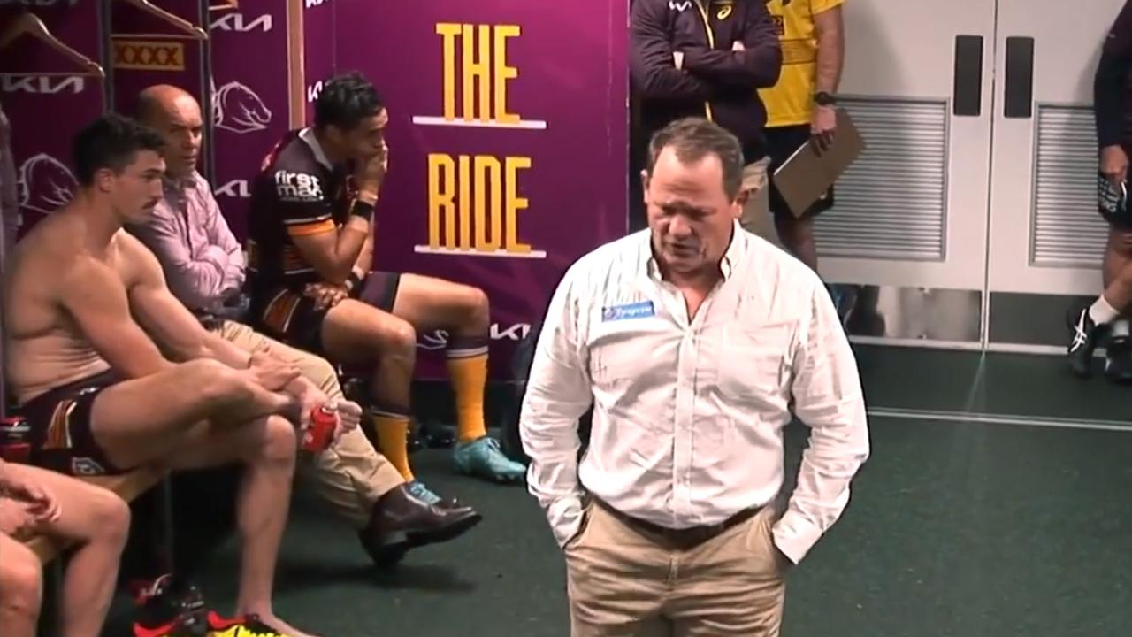 A furious Broncos coach Kevin Walters giving his team a dressing room spray following their insipid loss to the Eels on Friday night. Credit: Screenshot.