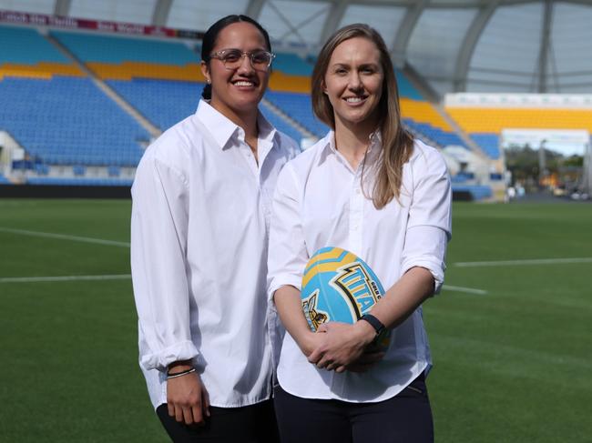 Tazmin Gray (left) and Karina Brown will play for the Gold Coast Titans in the NRLW in 2021. Picture: Gold Coast Titans.