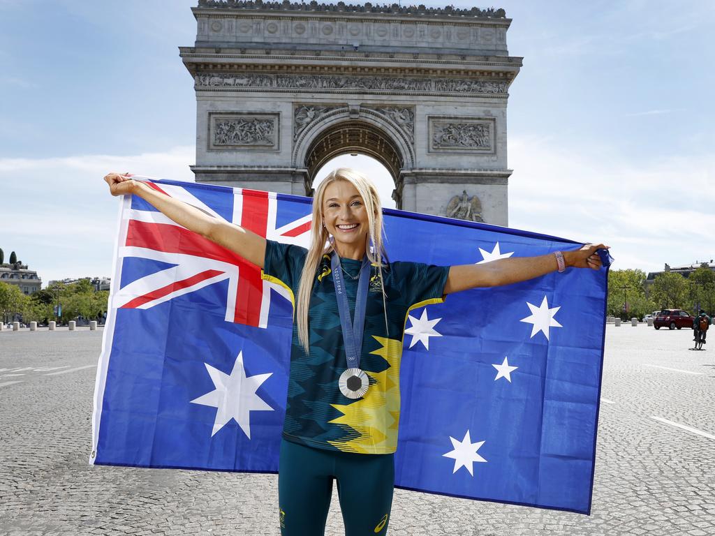 From Paris to London for Australia’s 1500m silver medallist Jess Hull, pictured at the Arc de Triomphe. Hull will celebrate her medal with a Taylor Swift Concert at Wembley Stadium on Thursday. Picture: Michael Klein