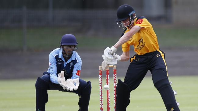 Jett Saxby, pictured playing for Blacktown in the Green Shield, scored an impressive half-century for Newcastle. Picture: John Apopleyard