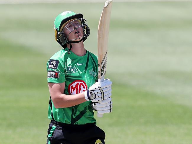 ADELAIDE, AUSTRALIA - NOVEMBER 10:  Meg Lanning of the Melbourne Stars reacts to being bowled by  Marianne Kapp of the Perth Scorchers for 1 run during the Women's Big Bash League match between the Melbourne Stars and the Perth Scorchers at Karen Rolton Oval, on November 10, 2021, in Adelaide, Australia. (Photo by Sarah Reed/Getty Images)