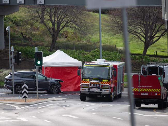 Scene of a fatal crash at the ABC roundabout in Hobart on Sunday 21st July 2024.Picture: Linda Higginson