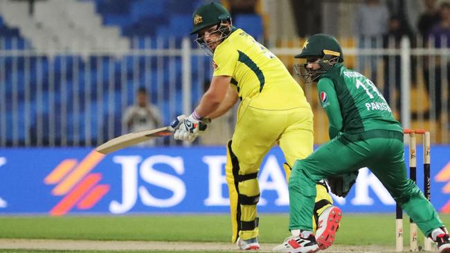 Australian captain Aaron Finch plays a shot during the second ODI against Pakistan in Sharjah. Picture: AFP