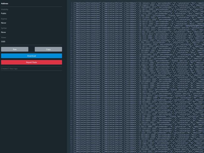 Screen grab of the personal data of Optus customers released publicly by the account ‘Optusdata’.