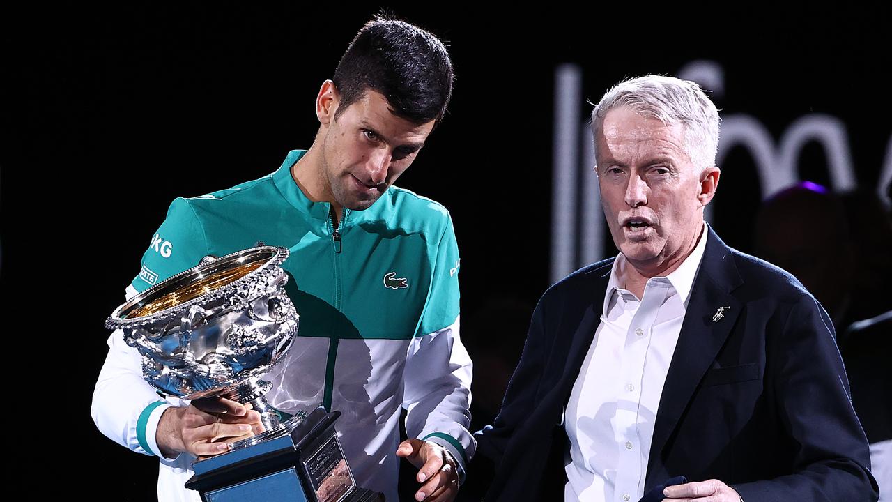 Australian Open boss Craig Tiley, pictured right with Novak Djokovic, is still unsure whether the world No.1 will play in Melbourne. Picture: Getty Images