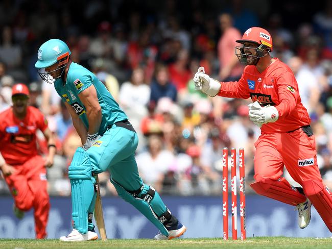 MELBOURNE, AUSTRALIA - JANUARY 27: Brayden Stepien of the Renegades celebrates the wicket of Chris Lynn of the Heat during the Big Bash League match between the Melbourne Renegades and the Brisbane Heat at Marvel Stadium on January 27, 2020 in Melbourne, Australia. (Photo by Morgan Hancock/Getty Images)