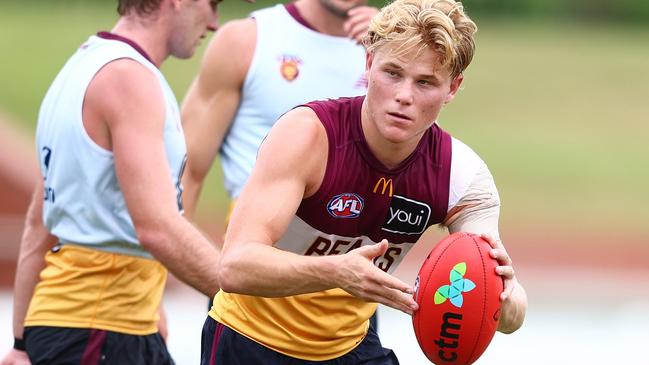 IPSWICH, AUSTRALIA - FEBRUARY 05: Levi Ashcroft during a Brisbane Lions AFL training session at Brighton Homes Arena on February 05, 2025 in Ipswich, Australia. (Photo by Chris Hyde/Getty Images)